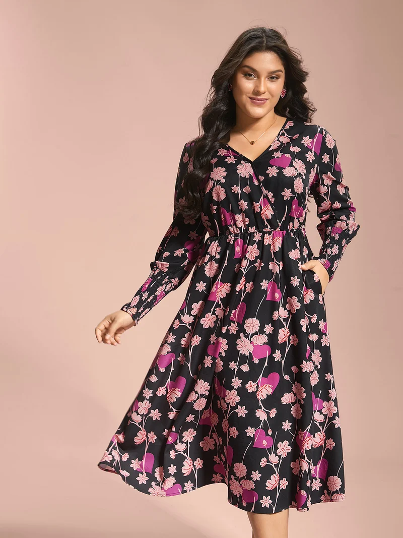 Floral Heart Print Shirred Stretchy Waist Dress
