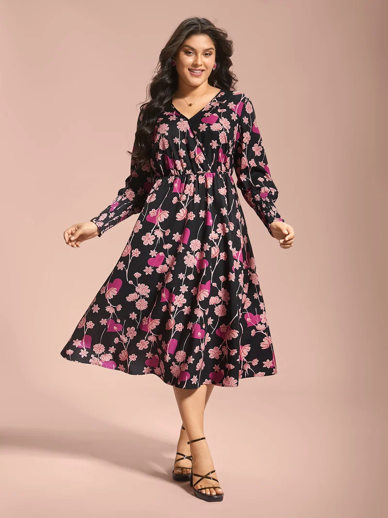 Floral Heart Print Shirred Stretchy Waist Dress