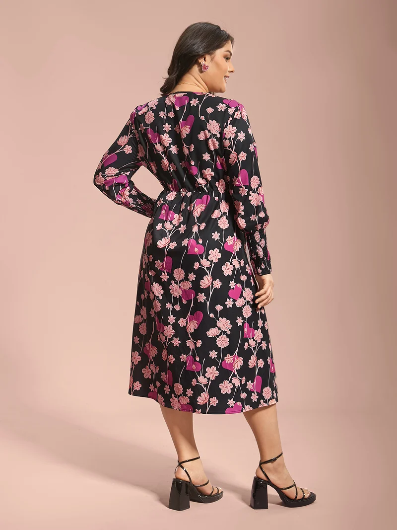 Floral Heart Print Shirred Stretchy Waist Dress