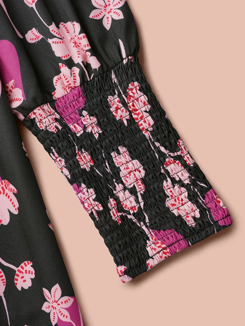 Floral Heart Print Shirred Stretchy Waist Dress
