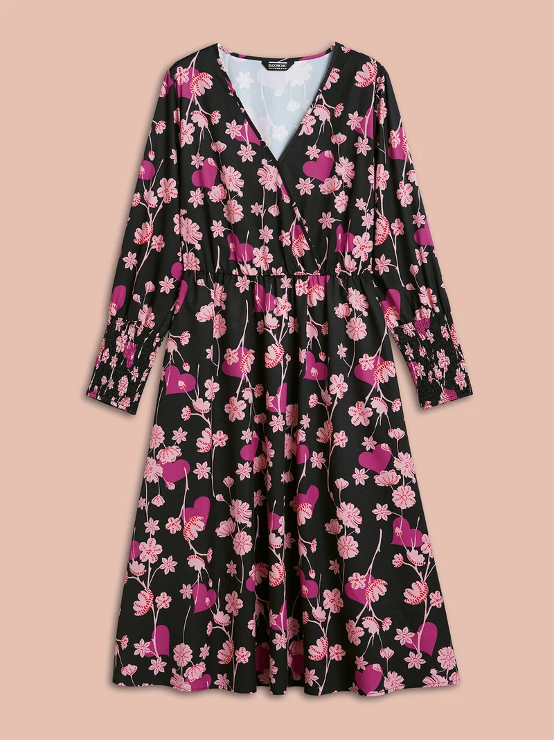 Floral Heart Print Shirred Stretchy Waist Dress