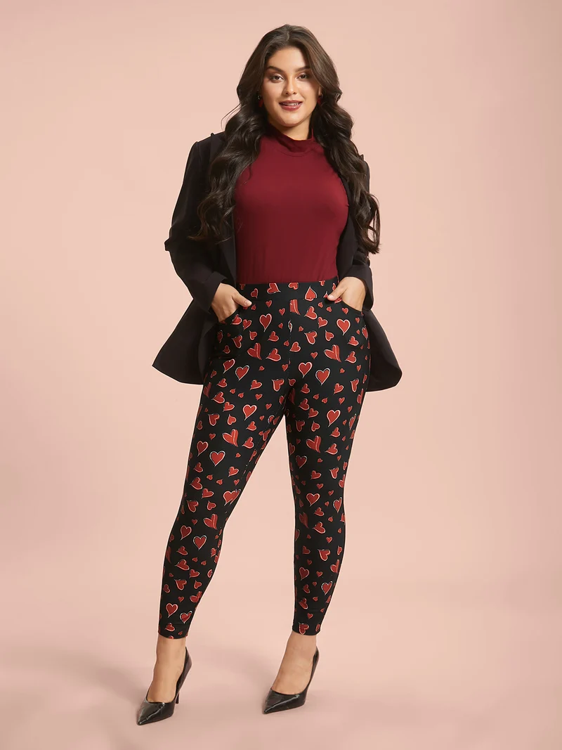 Hearts Print Skinny Fit Pocket Pants