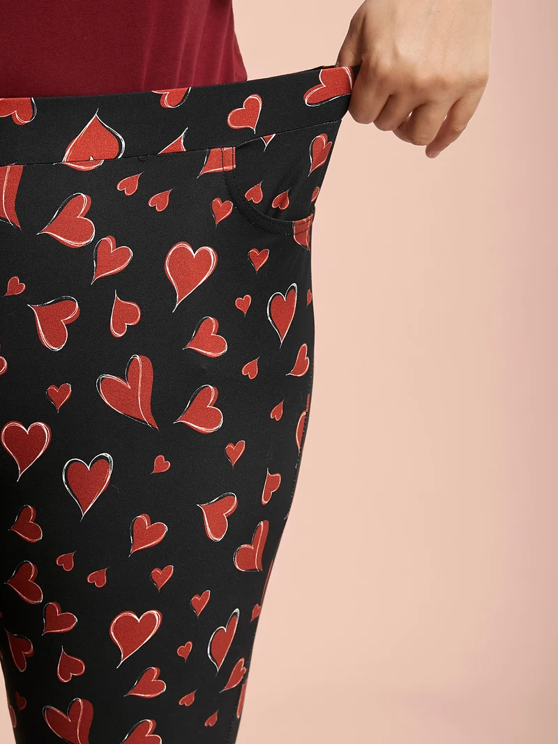 Hearts Print Skinny Fit Pocket Pants