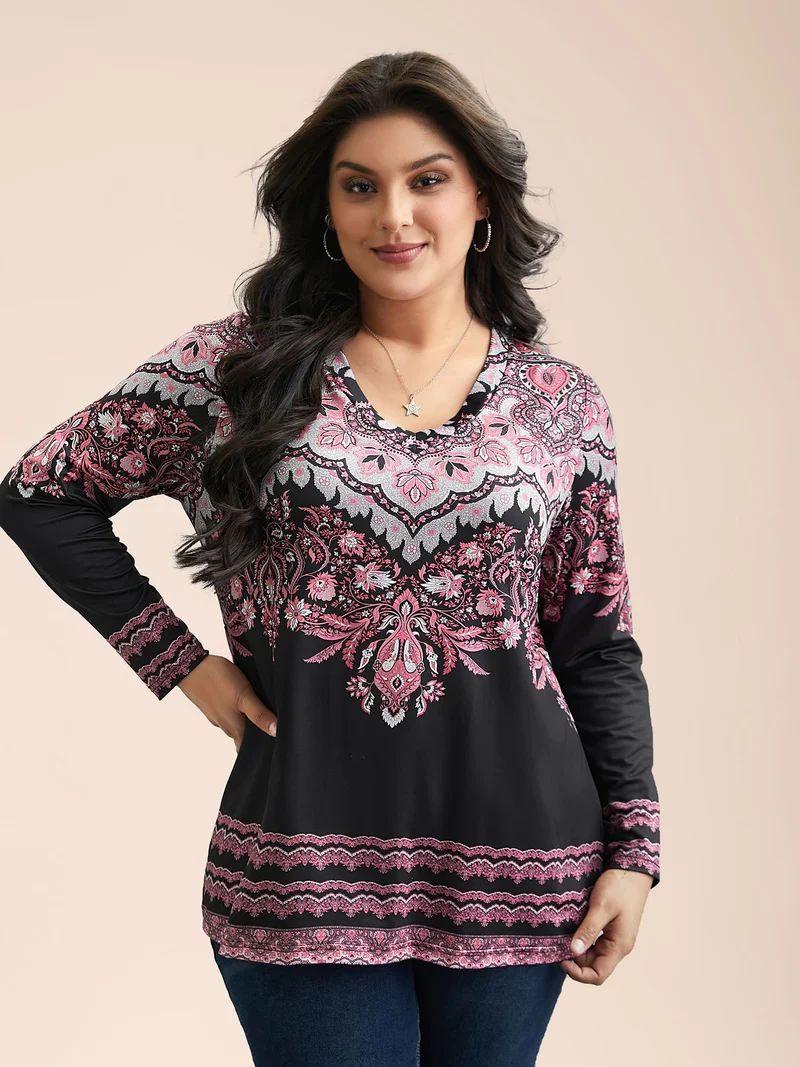 Stretchy Boho Print Full Sleeve T-Shirt