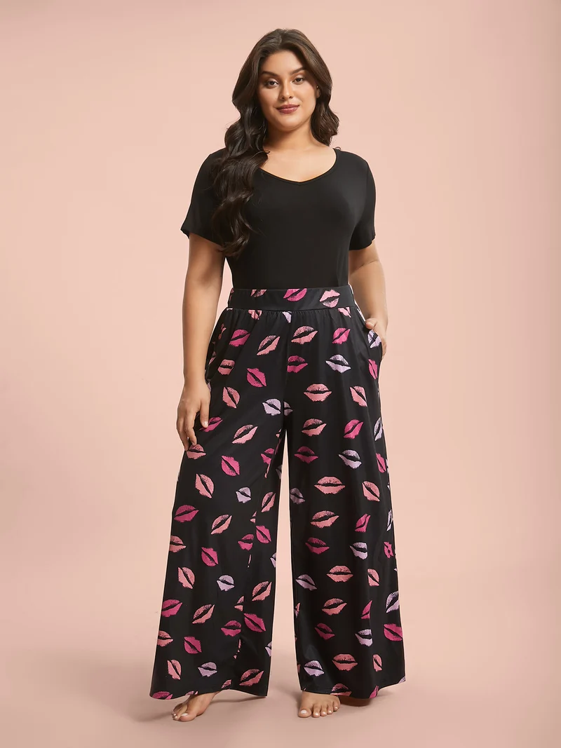 Multi-Color Lips Wide Leg Lounge Bottoms