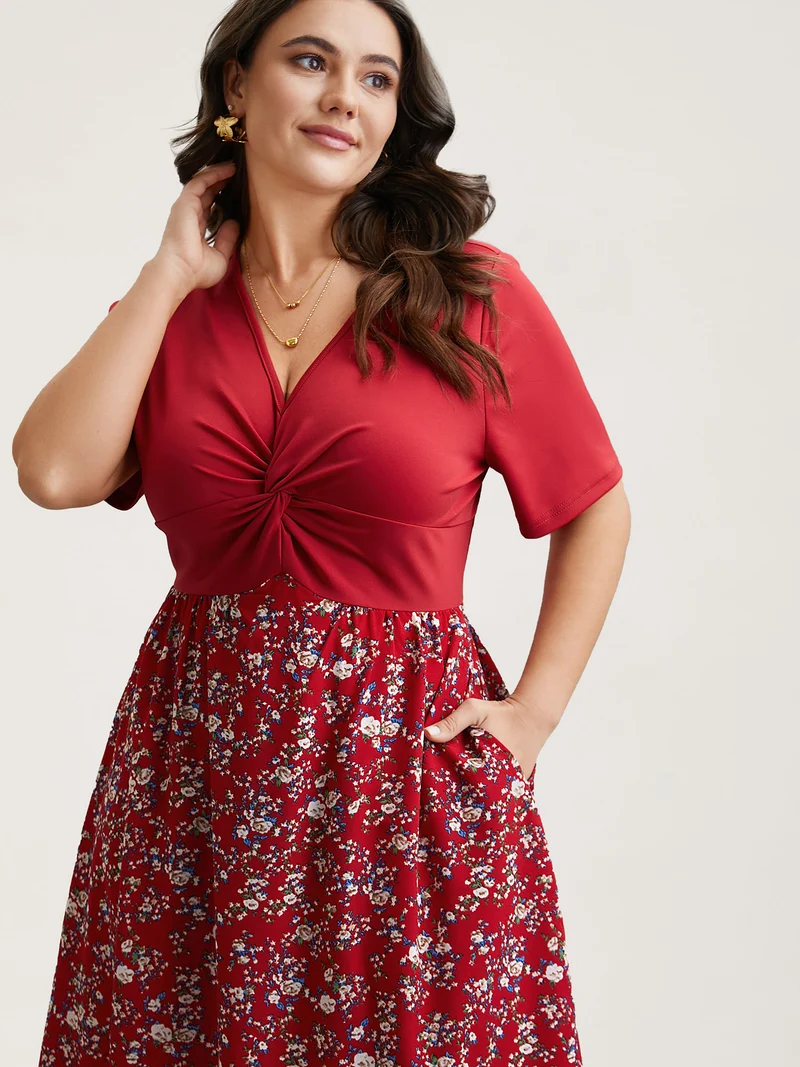 Twist-Front V-Neck Stretchy Waist Midi Dress
