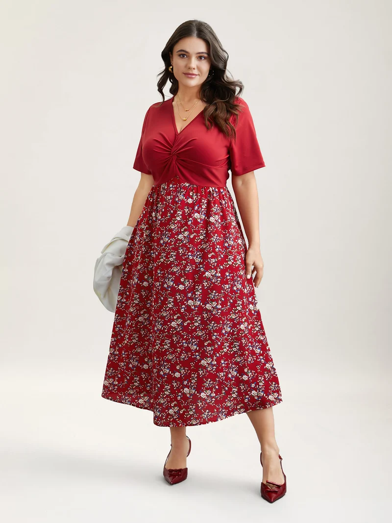 Twist-Front V-Neck Stretchy Waist Midi Dress