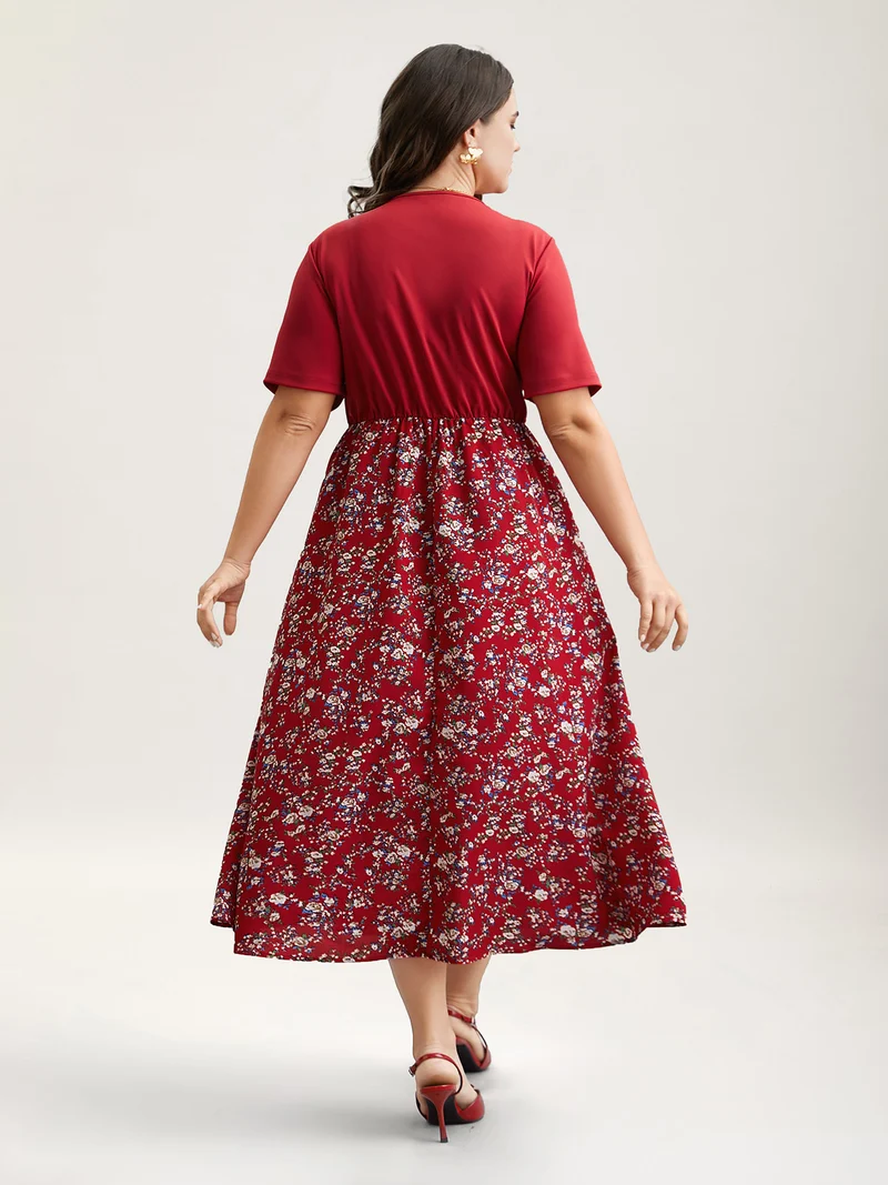 Twist-Front V-Neck Stretchy Waist Midi Dress