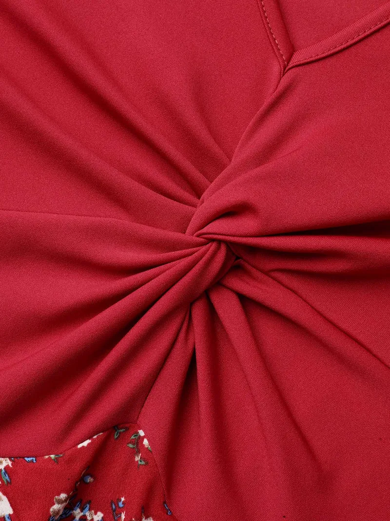 Twist-Front V-Neck Stretchy Waist Midi Dress