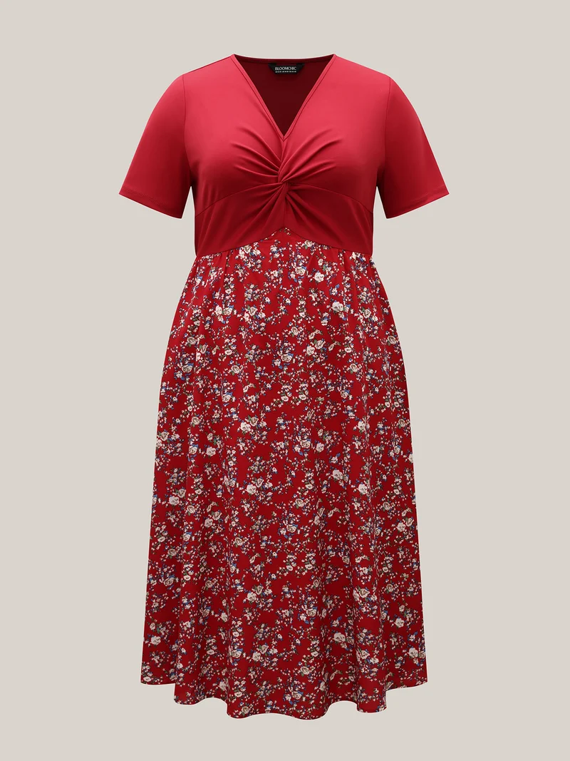 Twist-Front V-Neck Stretchy Waist Midi Dress