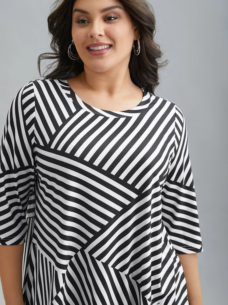 Striped Arc Hem Round Neck T-Shirt