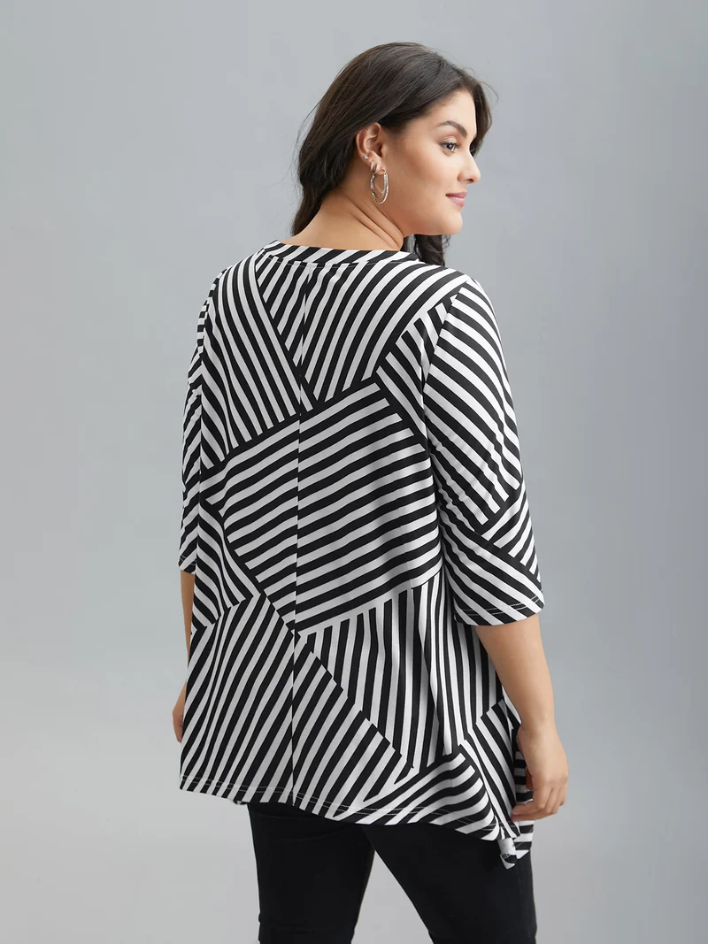 Striped Arc Hem Round Neck T-Shirt