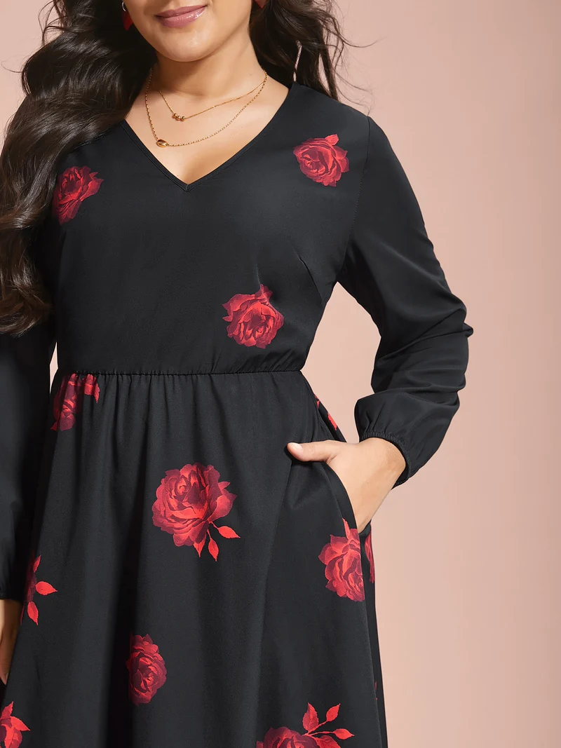 Rose Print Waist-Cinched Midi Dress