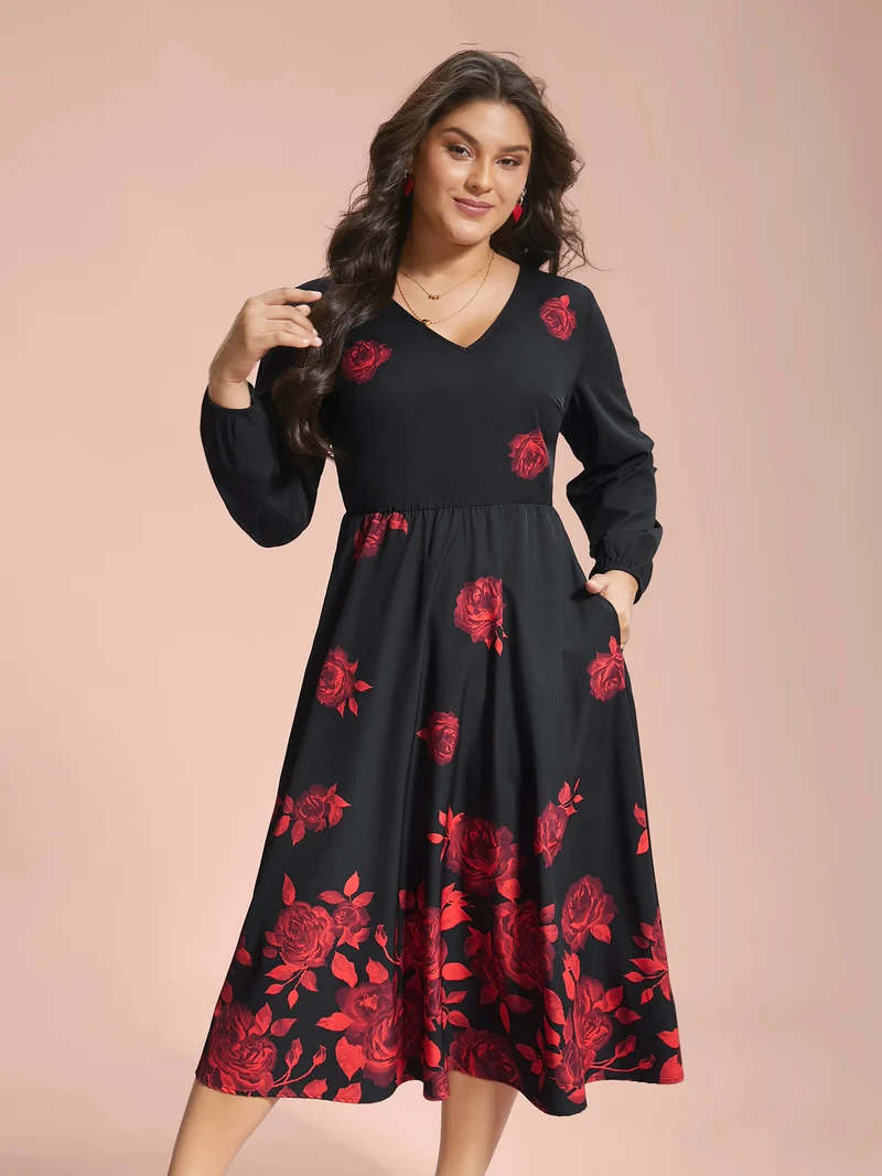 Rose Print Waist-Cinched Midi Dress