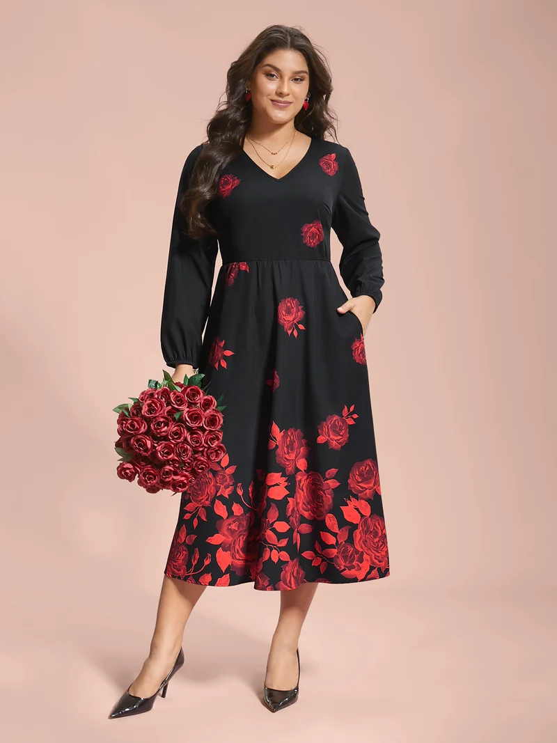 Rose Print Waist-Cinched Midi Dress