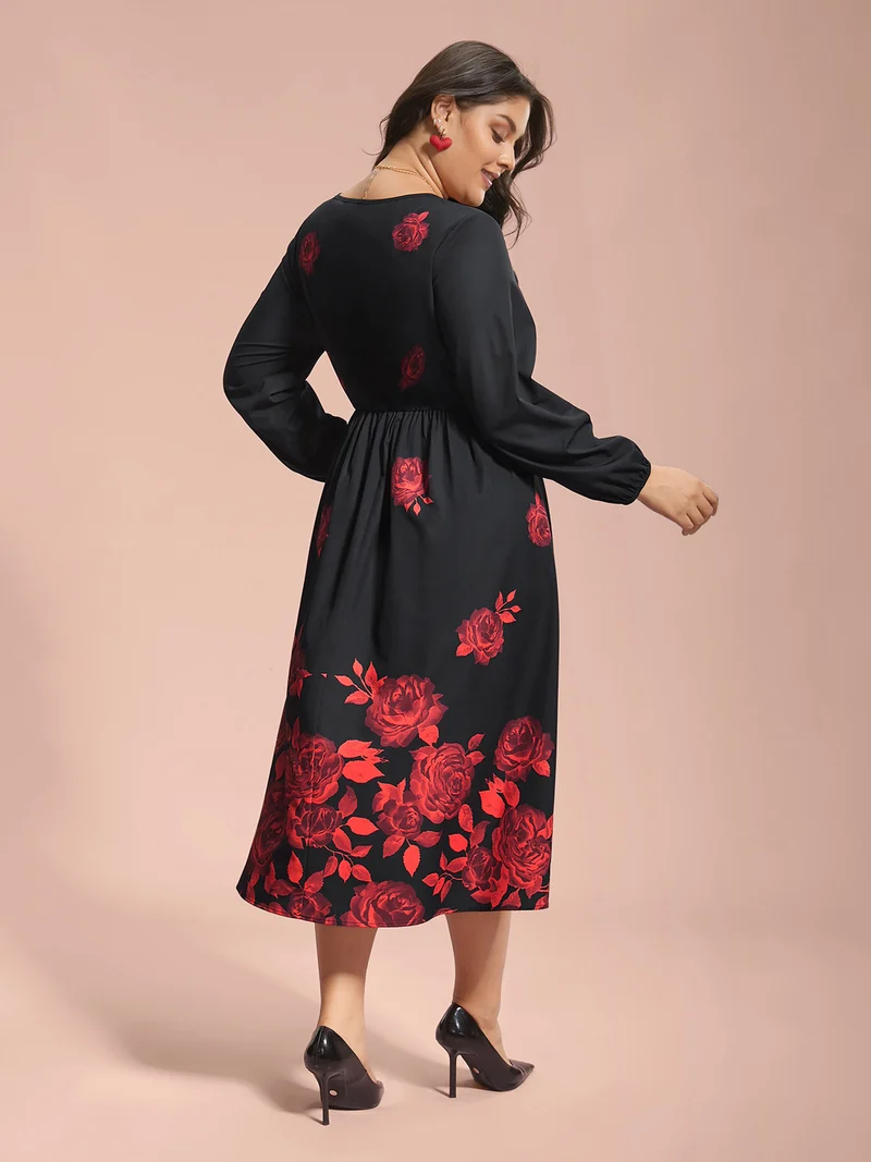 Rose Print Waist-Cinched Midi Dress