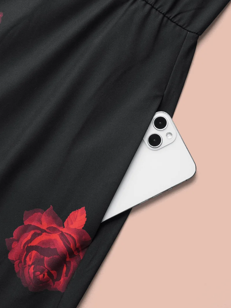 Rose Print Waist-Cinched Midi Dress