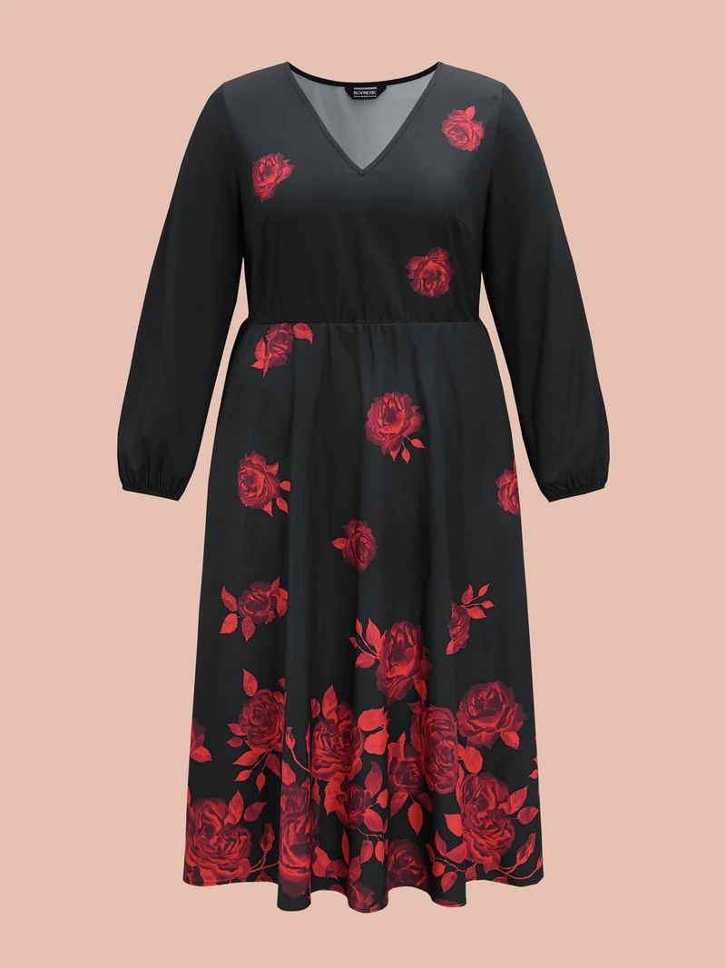 Rose Print Waist-Cinched Midi Dress