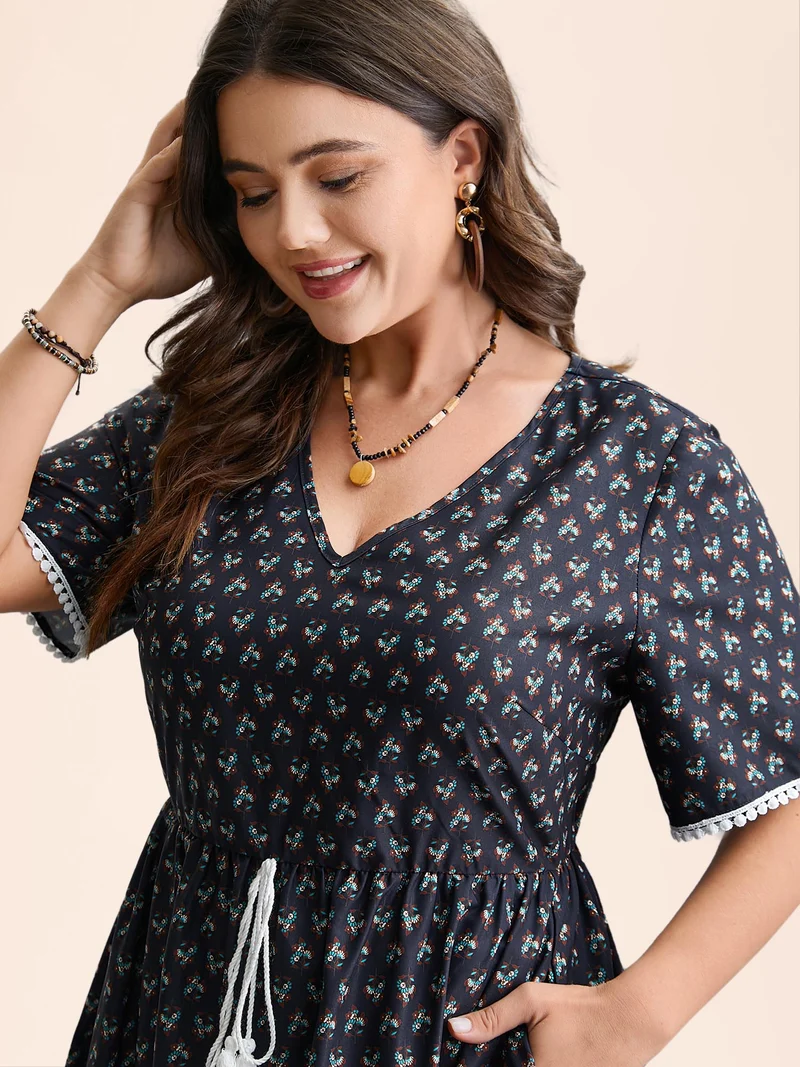 Boho Print Tassel-Tie Pockets Midi Dress