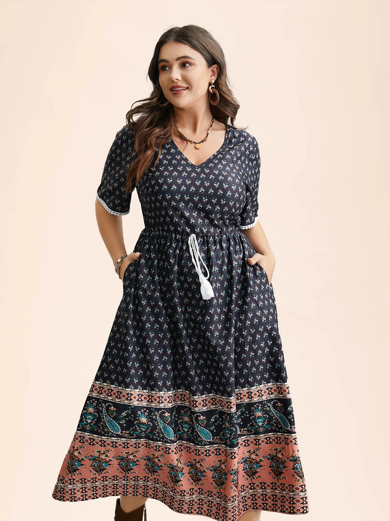 Boho Print Tassel-Tie Pockets Midi Dress