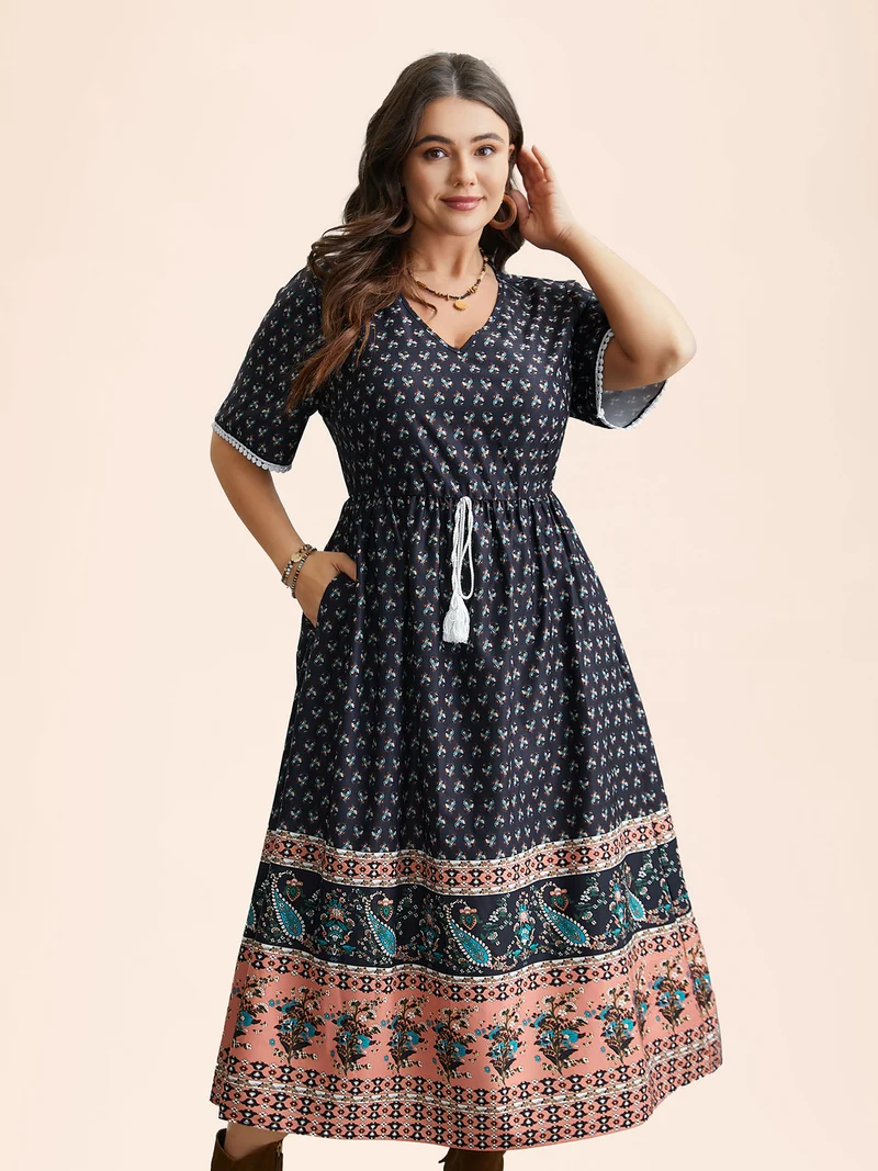 Boho Print Tassel-Tie Pockets Midi Dress