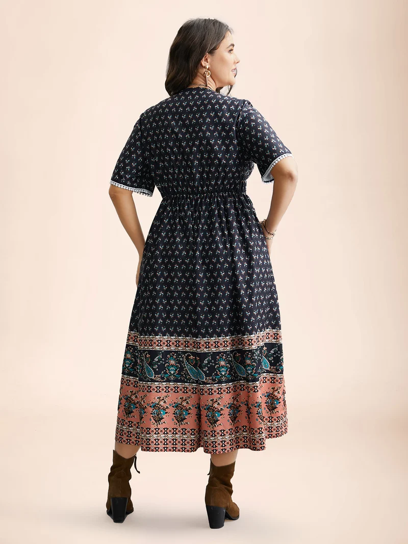 Boho Print Tassel-Tie Pockets Midi Dress