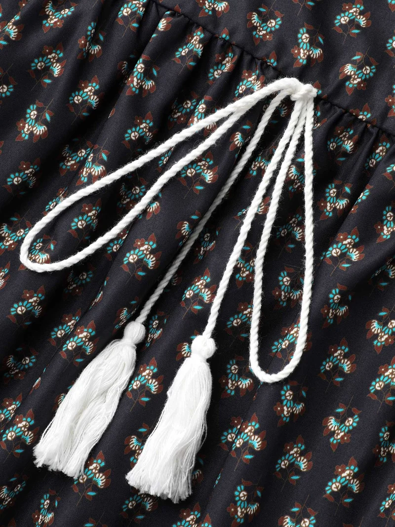 Boho Print Tassel-Tie Pockets Midi Dress