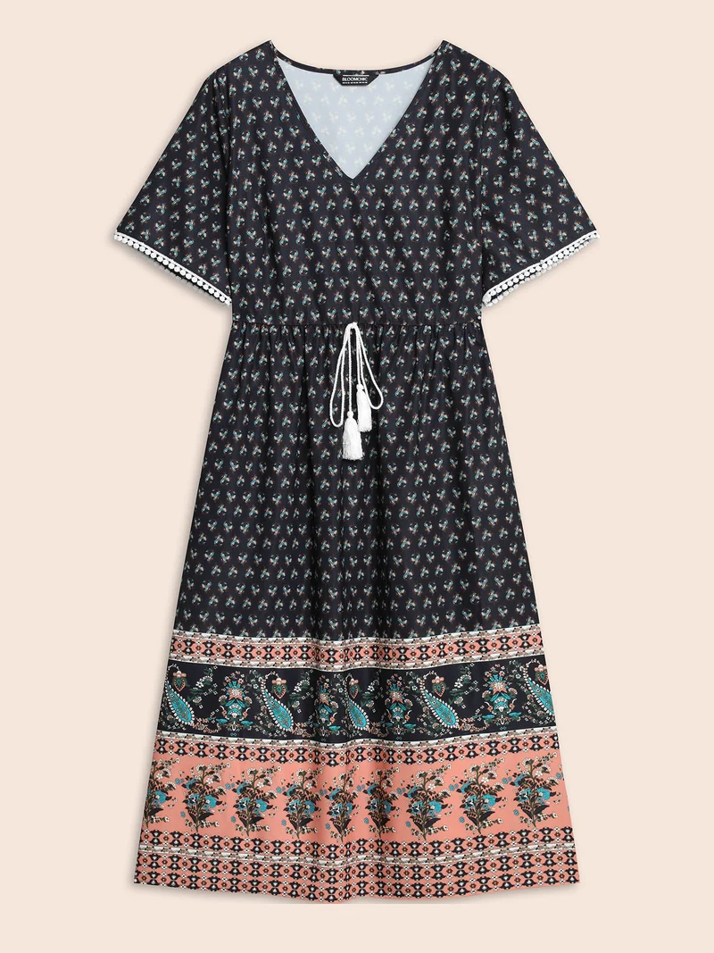 Boho Print Tassel-Tie Pockets Midi Dress