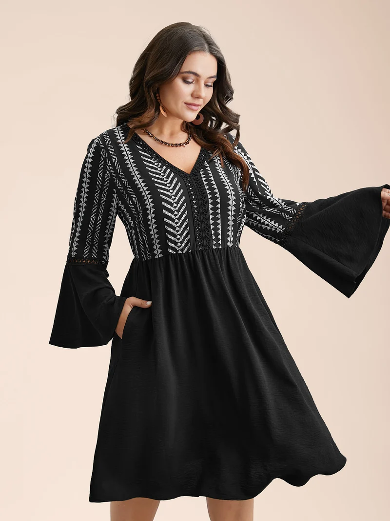 Printed Color-Block Bell Sleeve Midi Dress