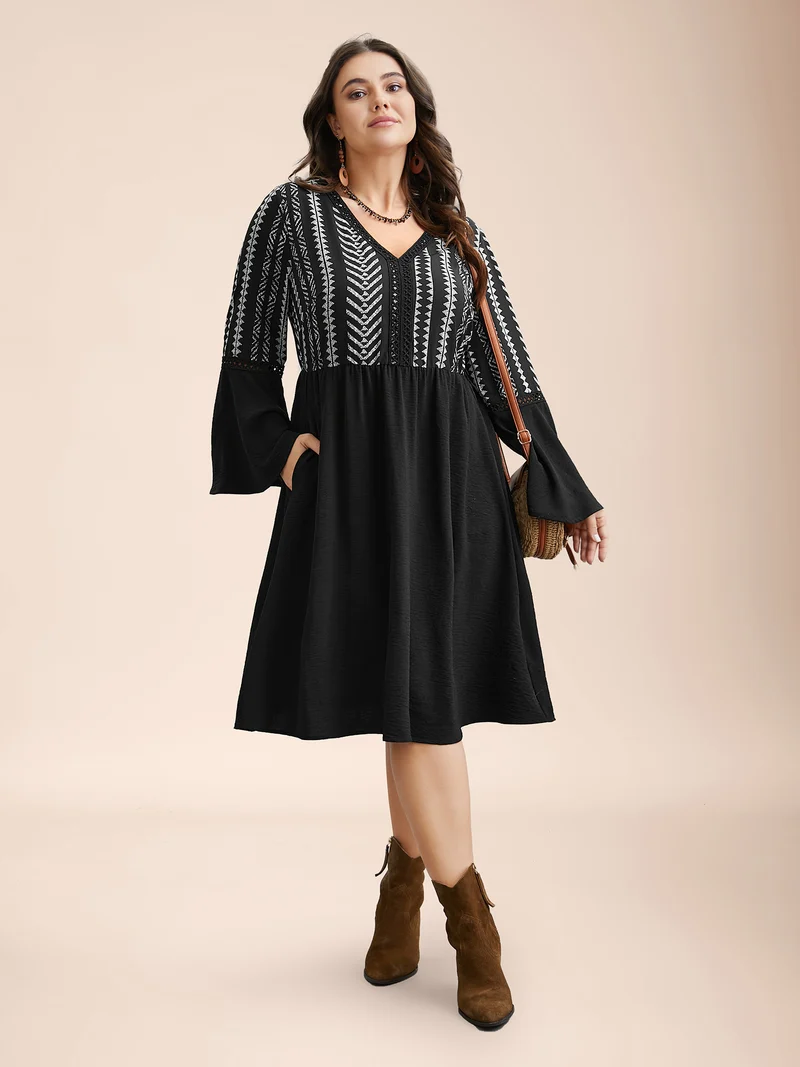 Printed Color-Block Bell Sleeve Midi Dress