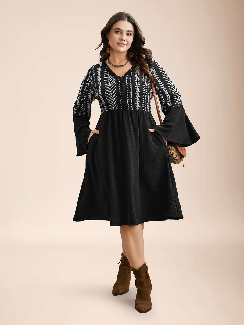 Printed Color-Block Bell Sleeve Midi Dress