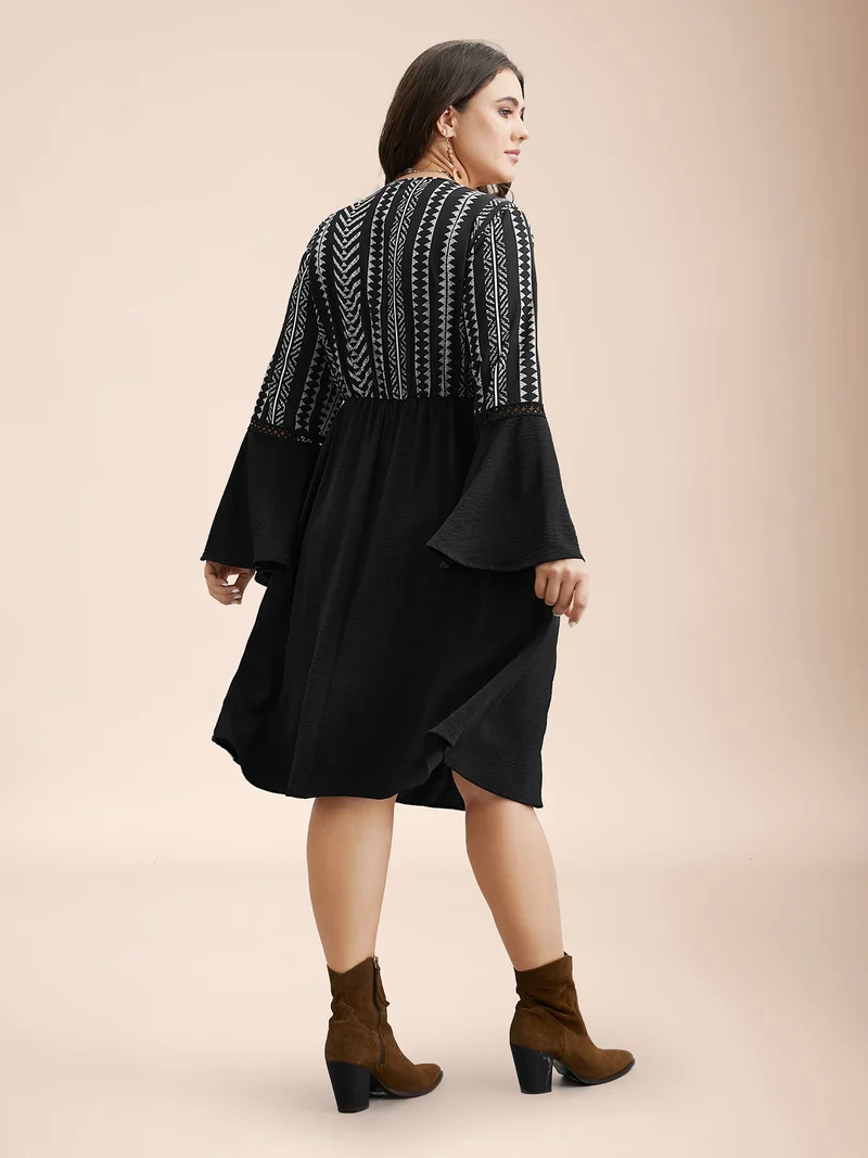 Printed Color-Block Bell Sleeve Midi Dress