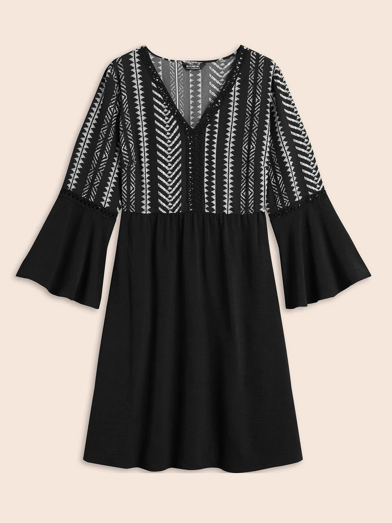 Printed Color-Block Bell Sleeve Midi Dress