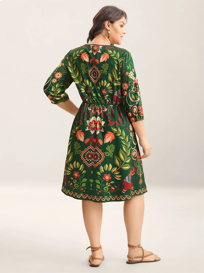 Boho Print V-Neck Pockets Midi Dress