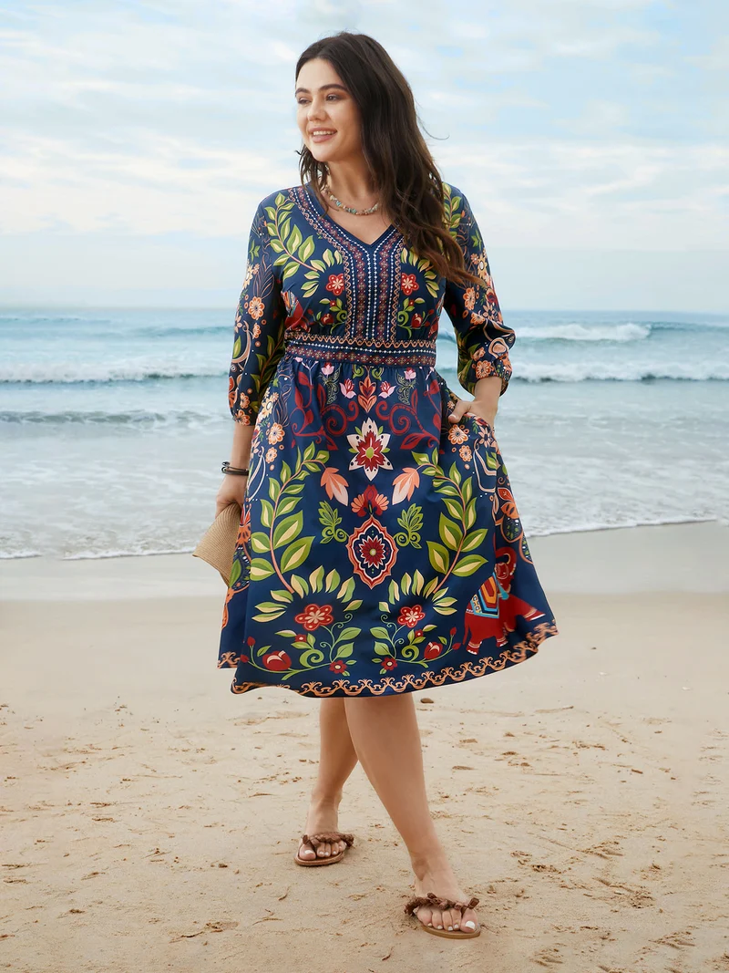 Boho Print V-Neck Pockets Midi Dress