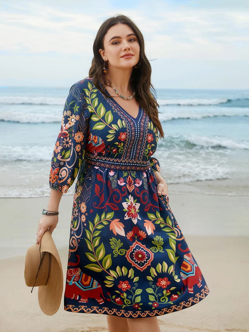 Boho Print V-Neck Pockets Midi Dress