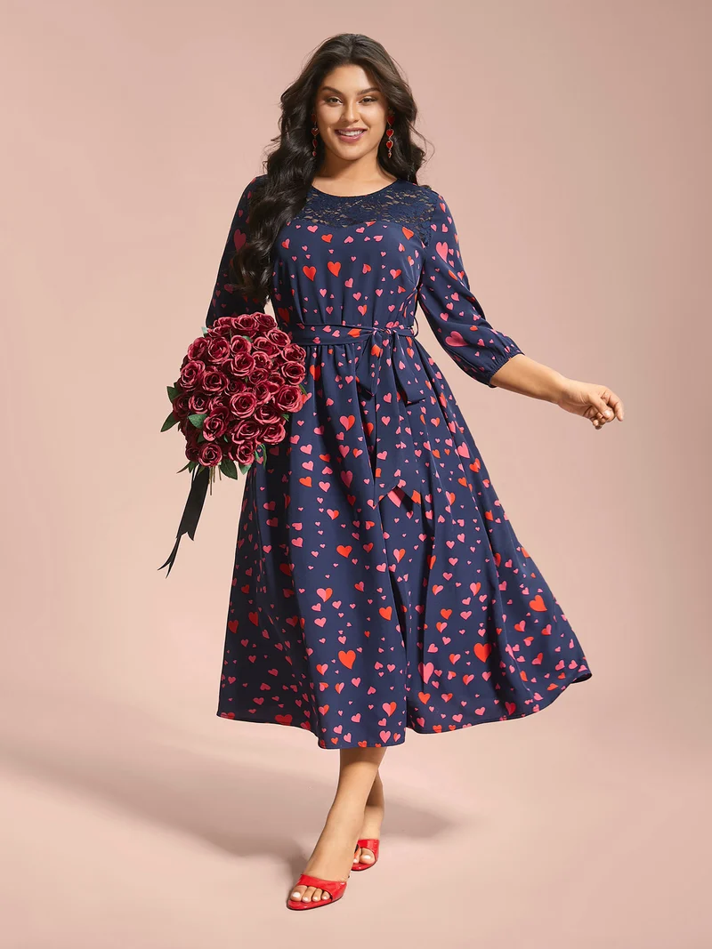 Lace Insert Heart Print Waist-Tie Dress