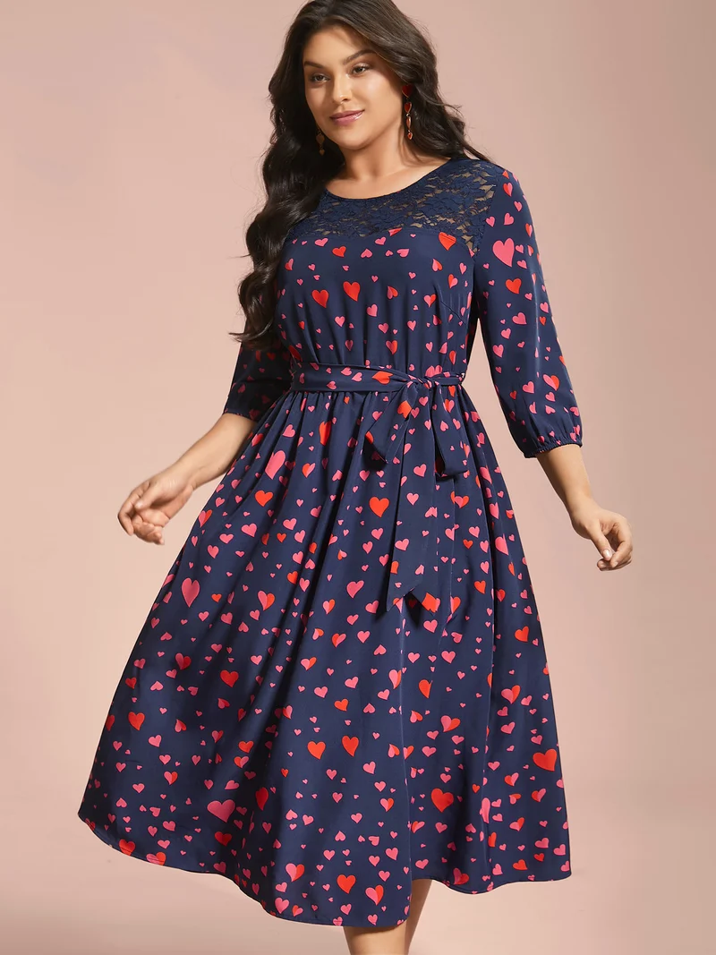 Lace Insert Heart Print Waist-Tie Dress
