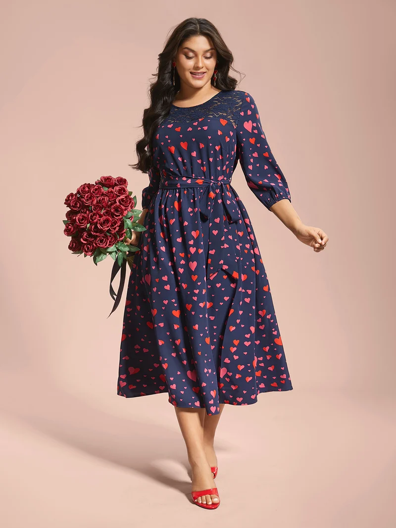 Lace Insert Heart Print Waist-Tie Dress