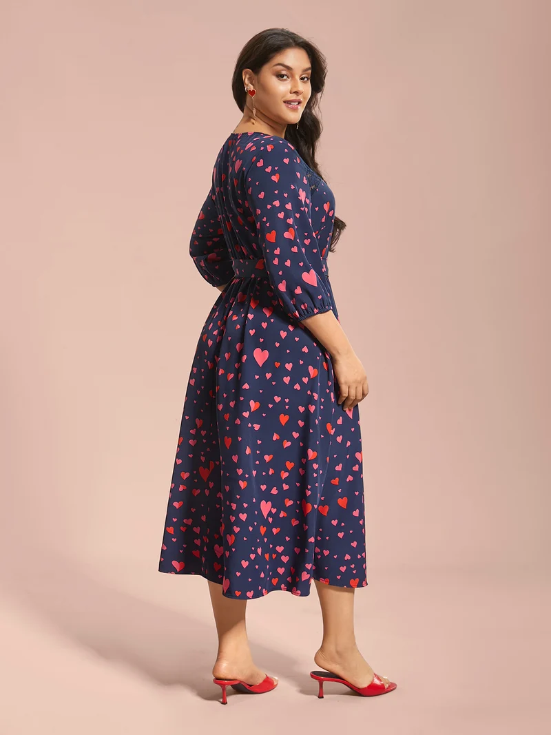 Lace Insert Heart Print Waist-Tie Dress