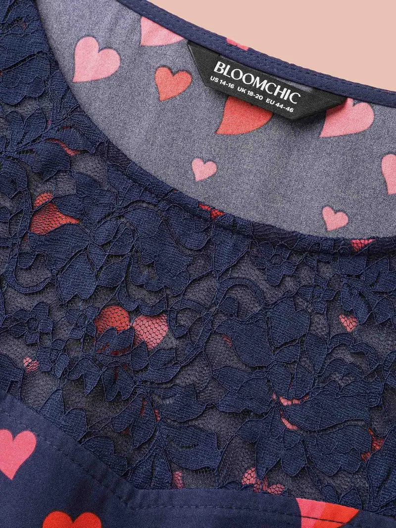 Lace Insert Heart Print Waist-Tie Dress