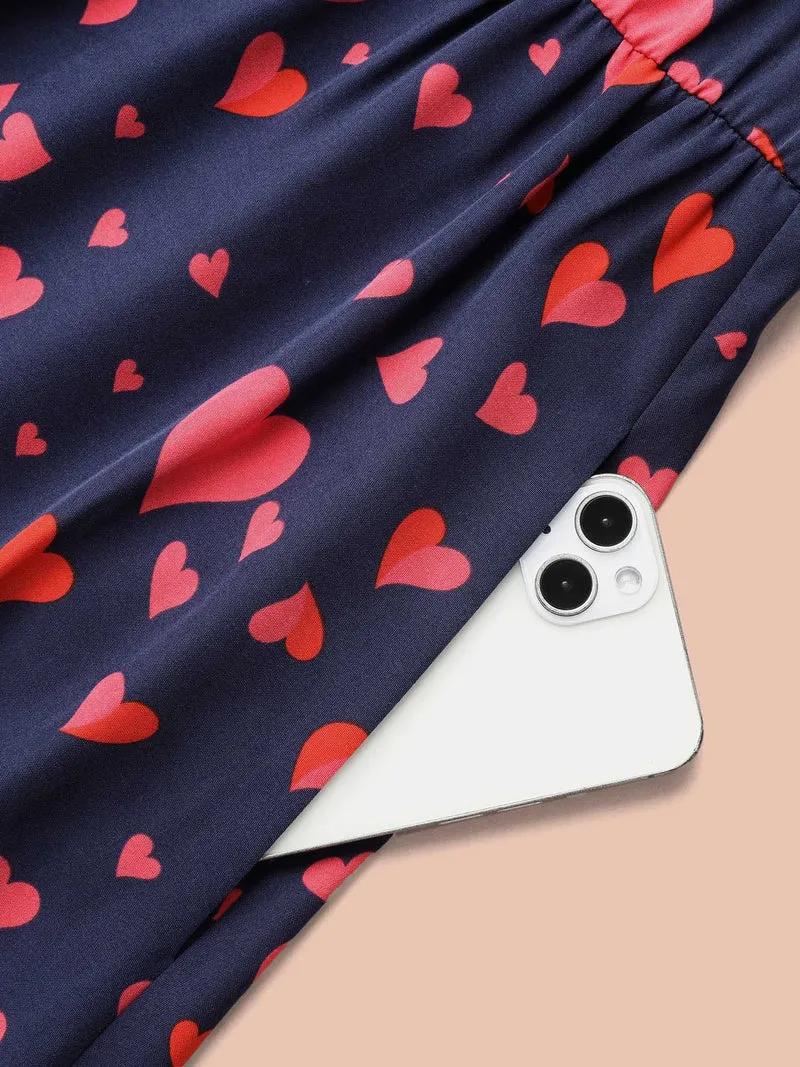 Lace Insert Heart Print Waist-Tie Dress