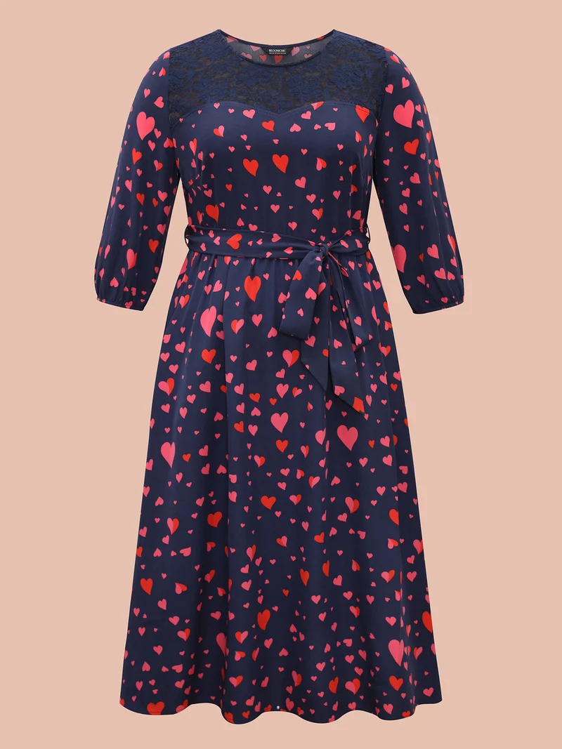 Lace Insert Heart Print Waist-Tie Dress