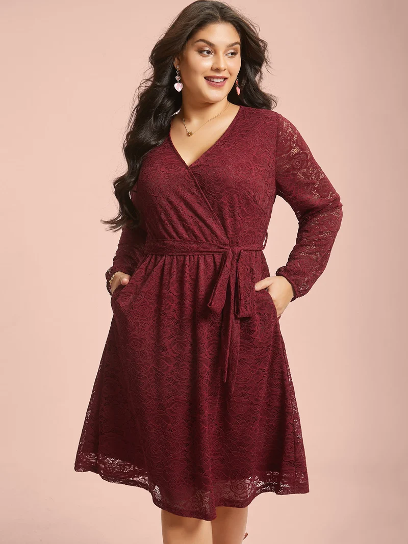Crochet Lace Mesh Surplice Neck Belted Dress