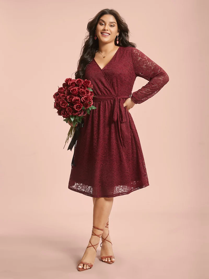 Crochet Lace Mesh Surplice Neck Belted Dress