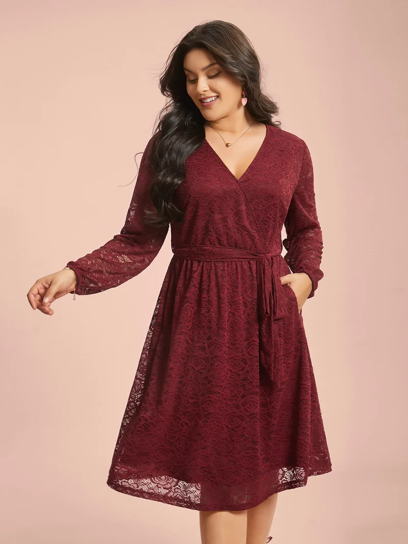 Crochet Lace Mesh Surplice Neck Belted Dress