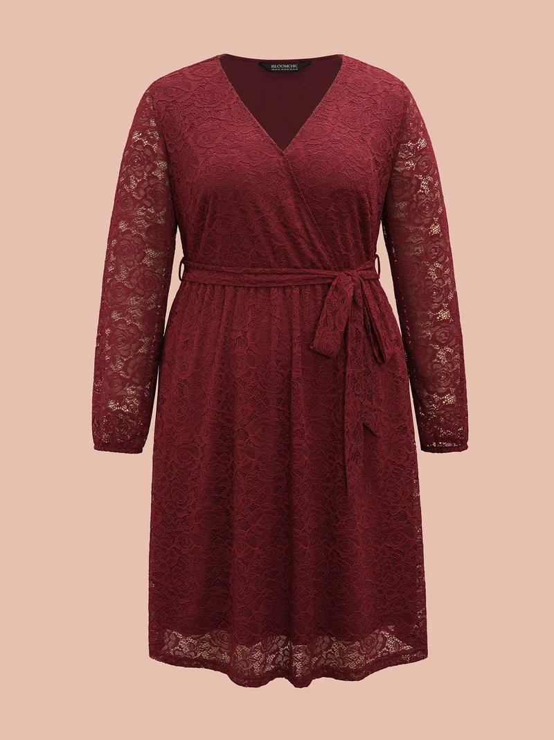 Crochet Lace Mesh Surplice Neck Belted Dress