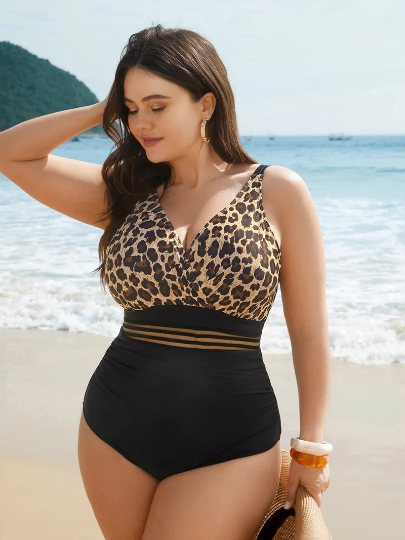 Leopard Print Sheer Spliced Surplice Neck One-Piece Swimsuit