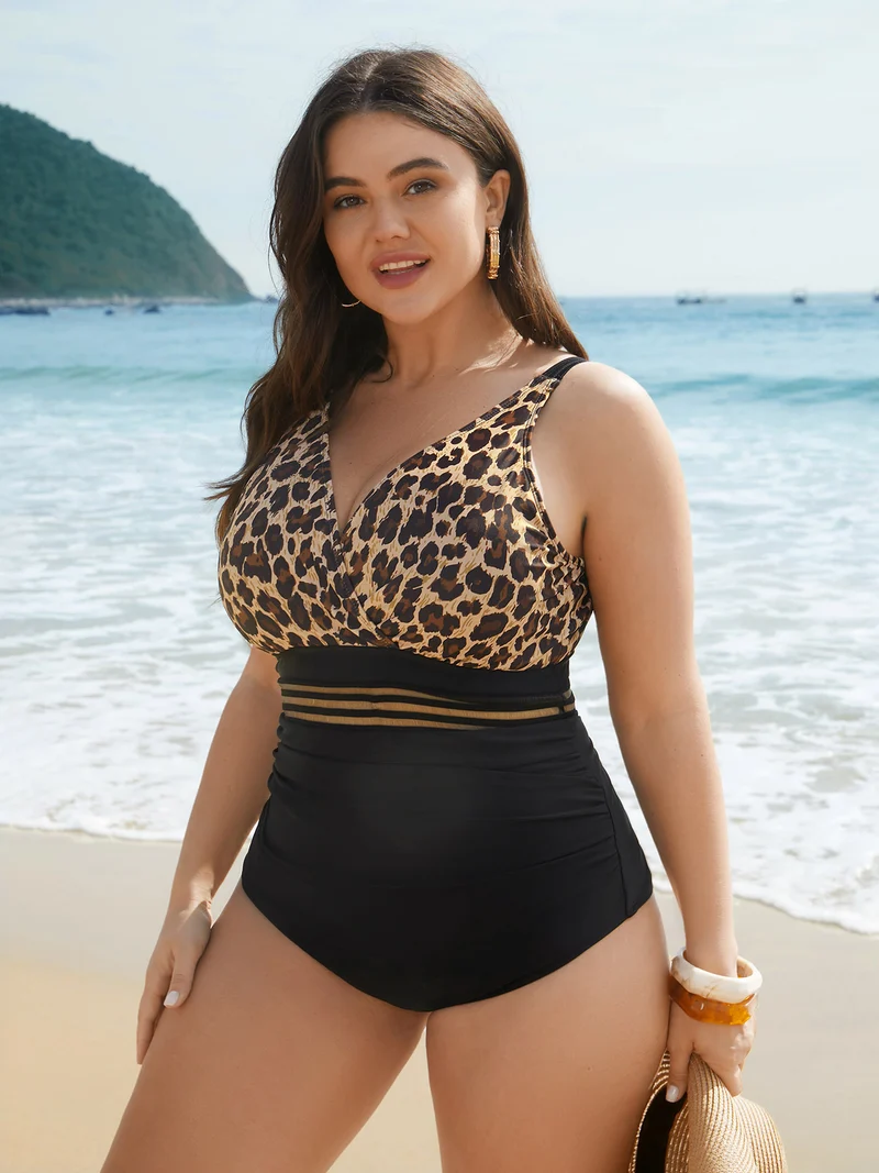 Leopard Print Sheer Spliced Surplice Neck One-Piece Swimsuit
