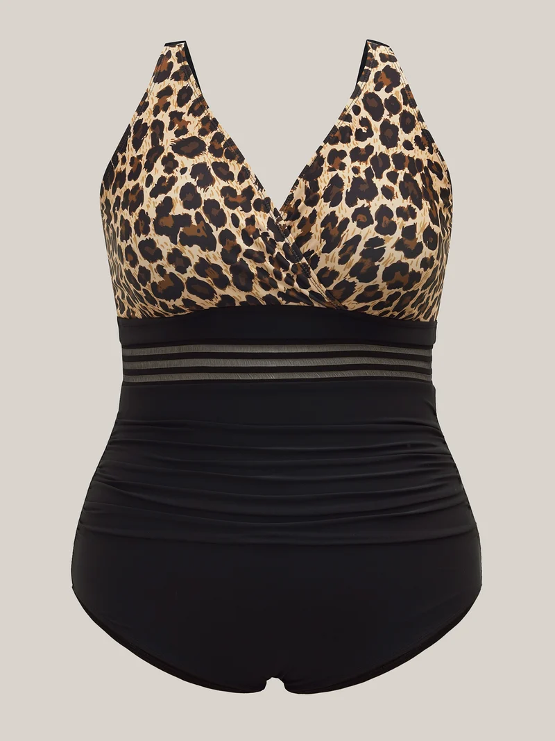 Leopard Print Sheer Spliced Surplice Neck One-Piece Swimsuit